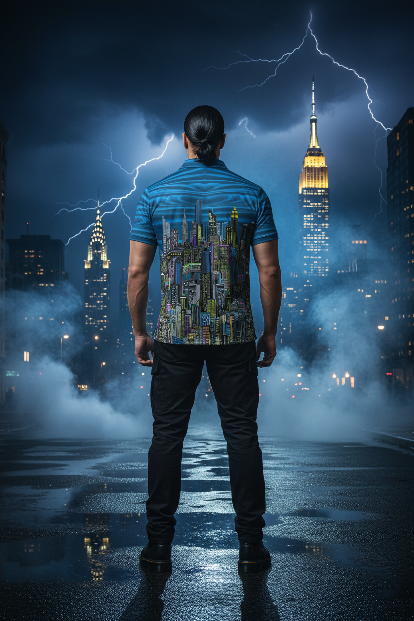 Man wearing a shirt with a Loria NYC Art cityscape design standing in front of a stylized city skyline with lightning.