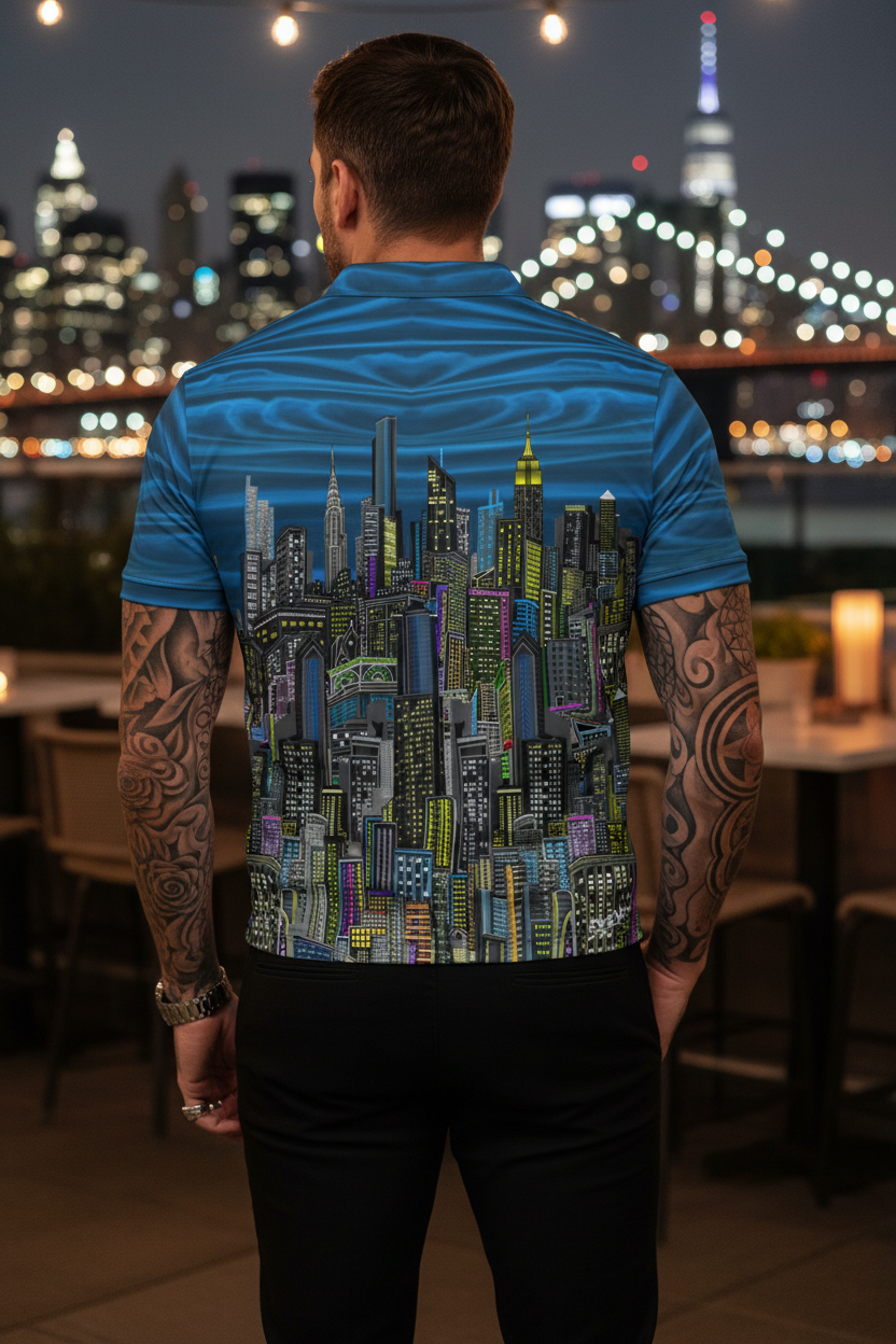Person wearing a blue shirt with a Loria NYC Art cityscape design, standing in a restaurant with a city skyline in the background.