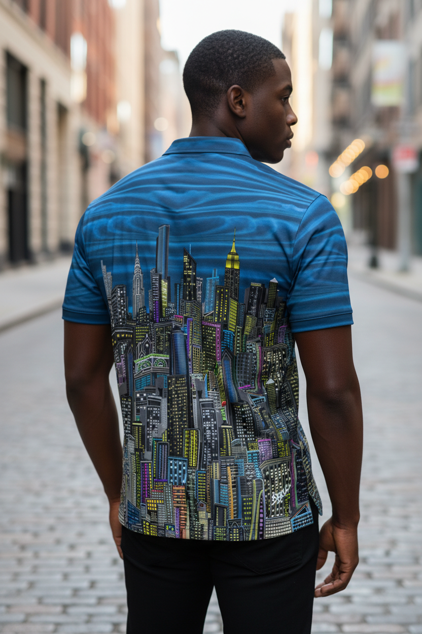 Man wearing a blue shirt with a Loria NYC Art cityscape design on the back, standing on a street.