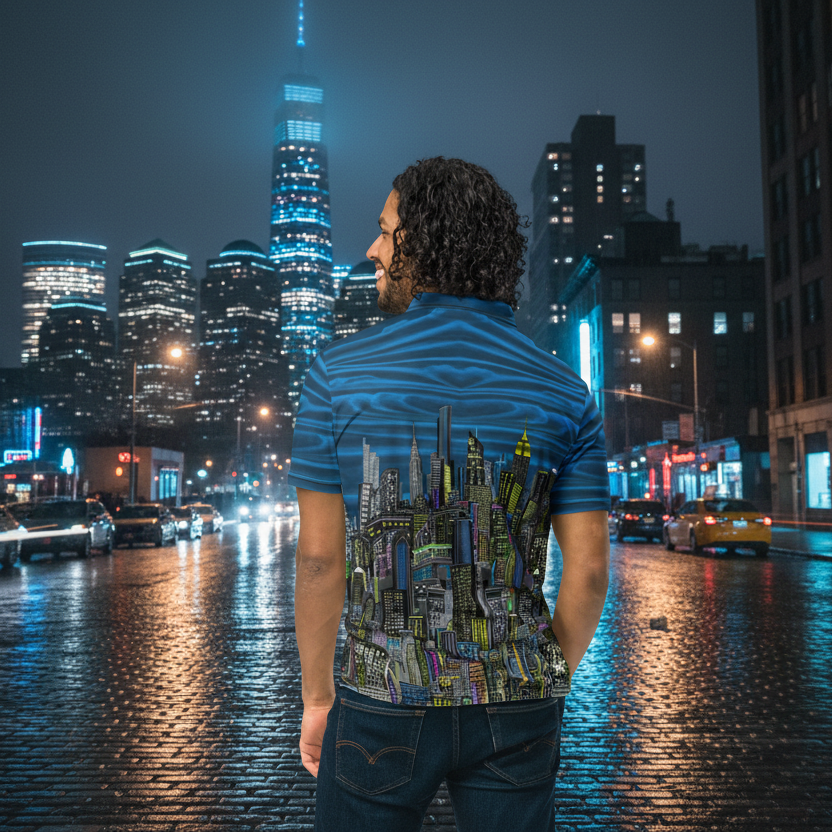 Man wearing a blu shirt with a cityscape Loria NYC Art on the back, on a wet street