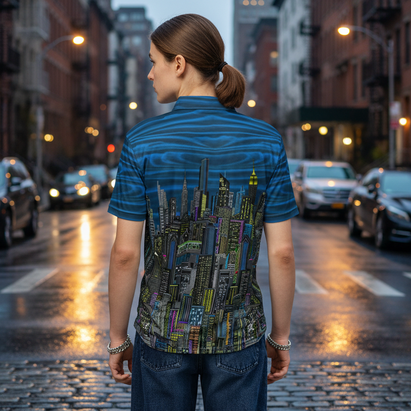 Person wearing a blue and black shirt with a Loria NYC Art cityscape design on the back with  urban street setting
