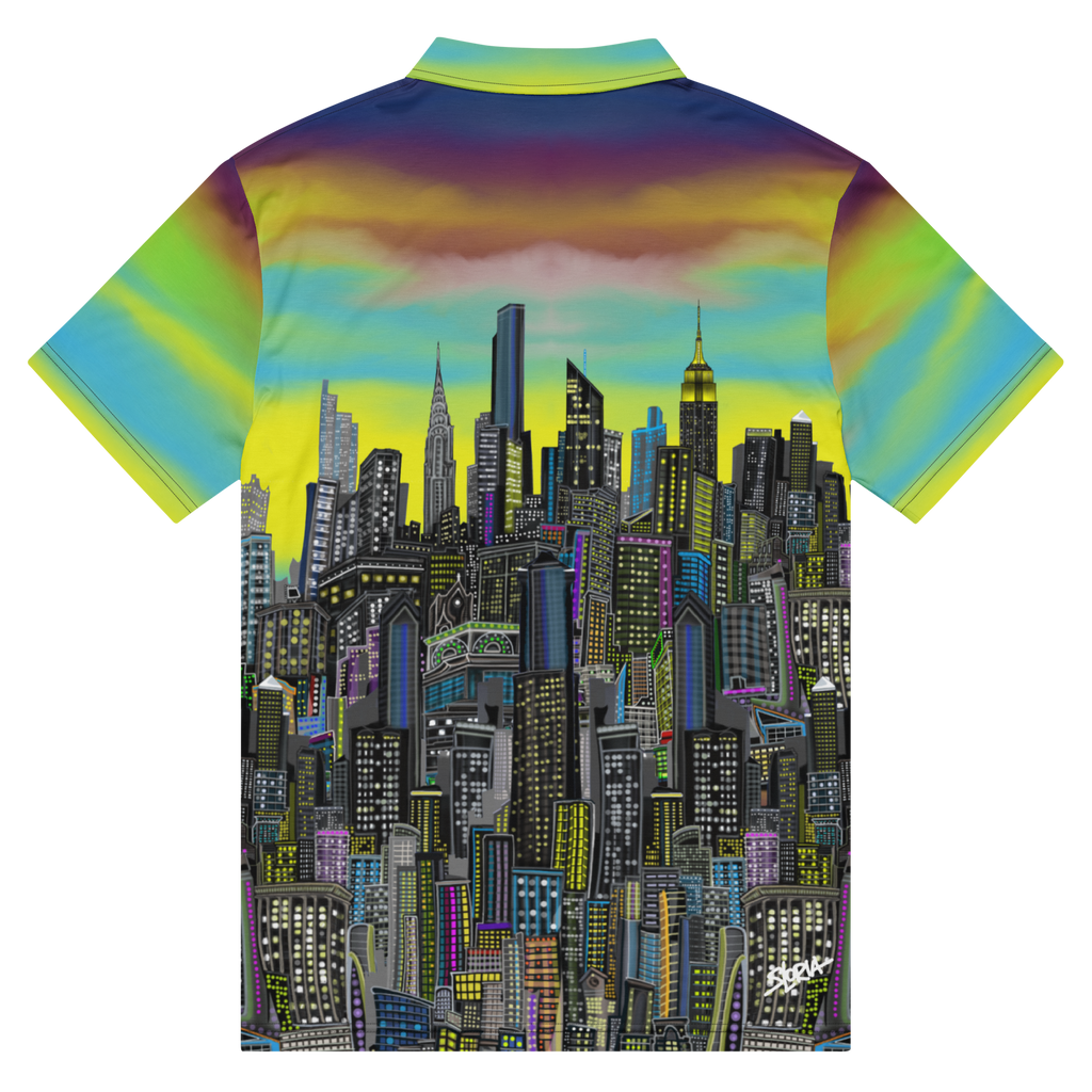 Colorful shirt with a cityscape  Loria NYC Art design on a white background