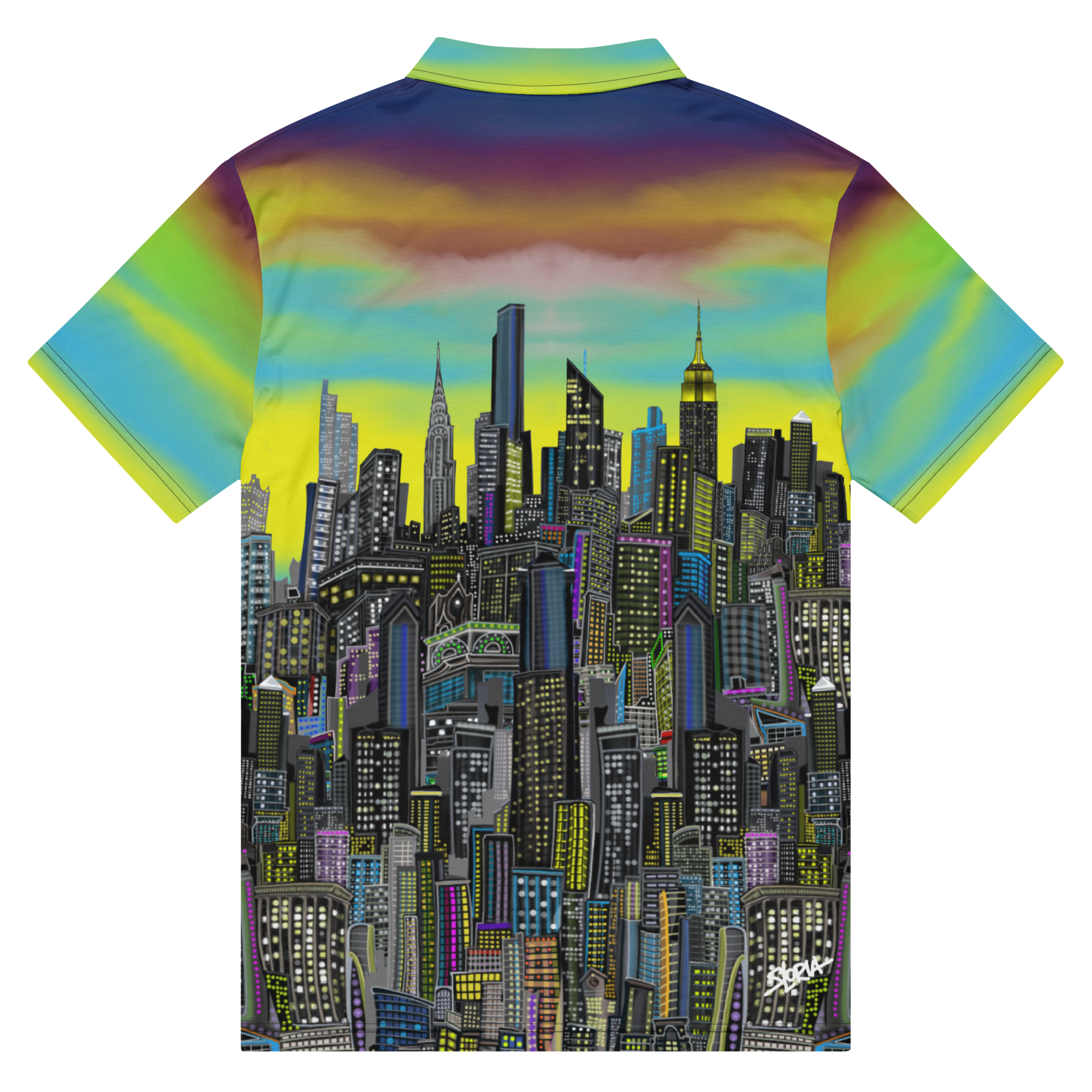 Colorful shirt with a cityscape  Loria NYC Art design on a white background