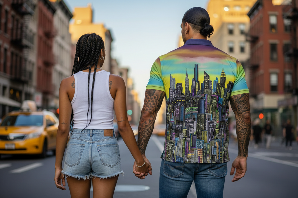 Two people walking on a city street, one with a colorful Loria NYC Art shirt and the other in a white tank top.