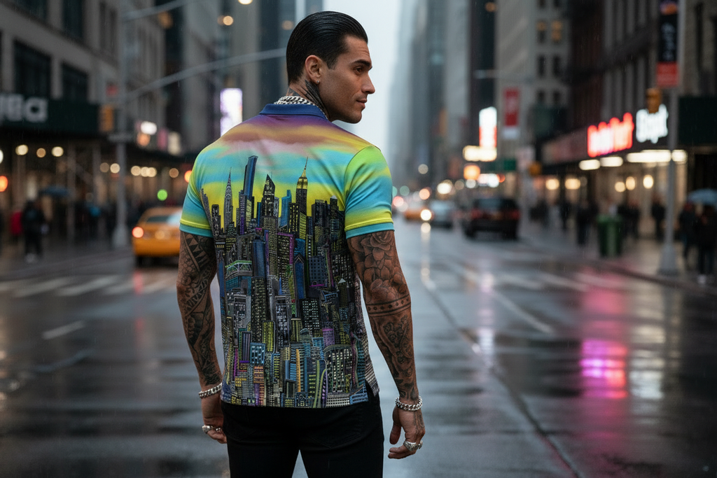 Man wearing a colorful Loria NYC Art cityscape shirt on a city street