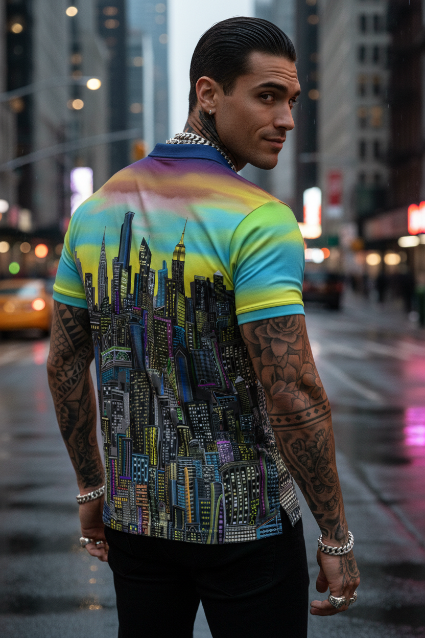 Man wearing a colorful cityscape Loria NYC Art shirt on a city street