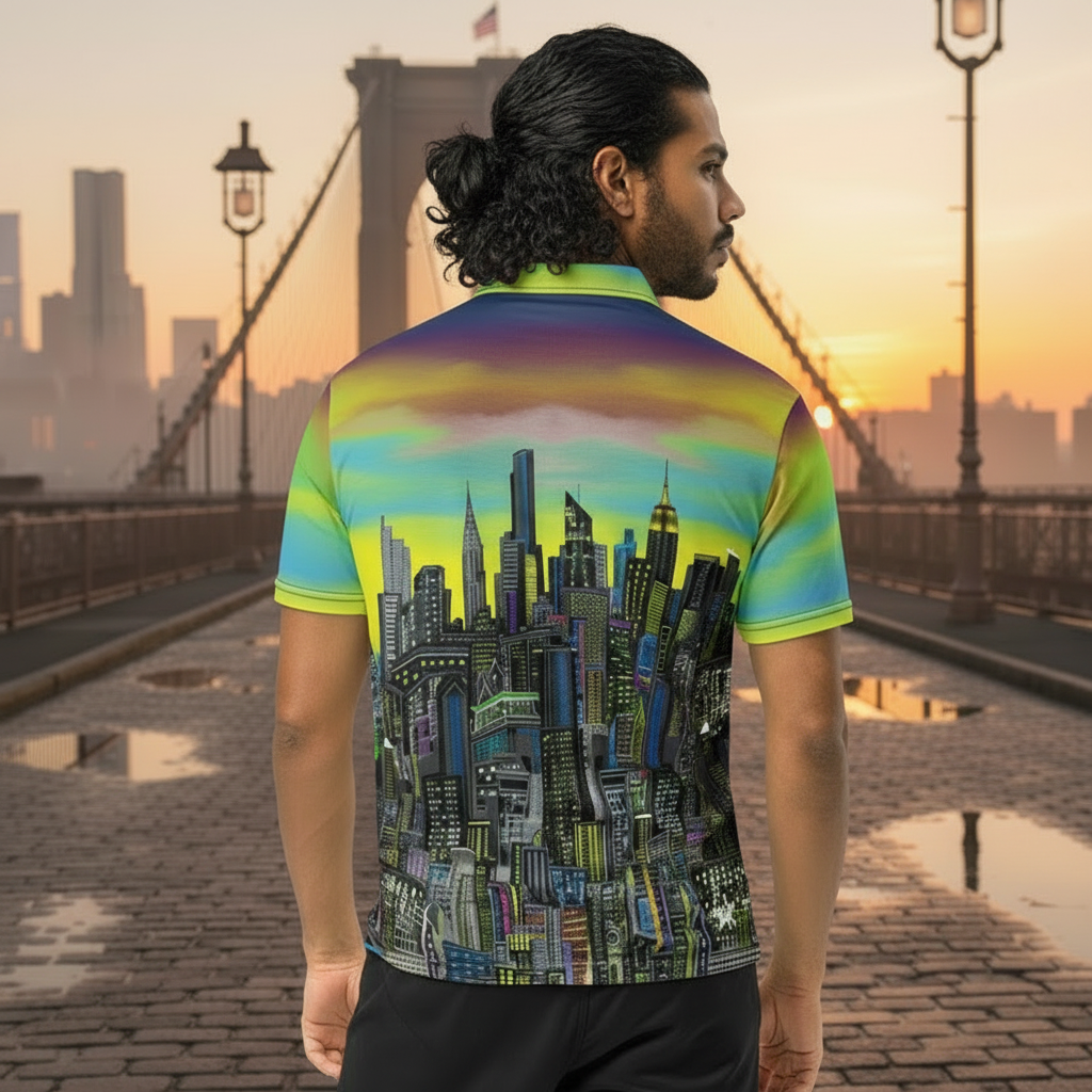 Man wearing a colorful Loria NYC Art polo shirt with a cityscape design on a bridge at sunset
