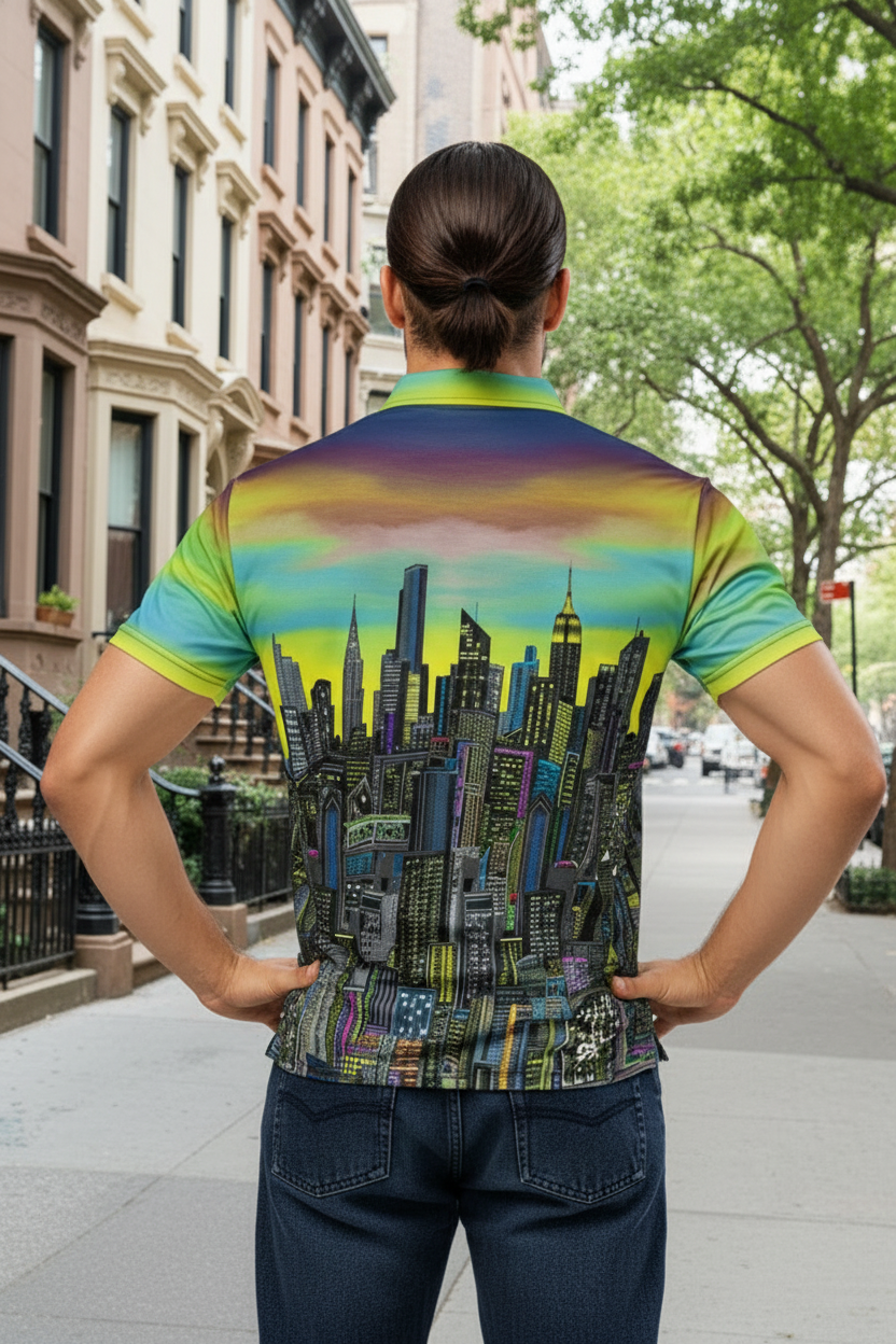 Person wearing a colorful  Loria NYC Art polo shirt with a cityscape design on a urban background
