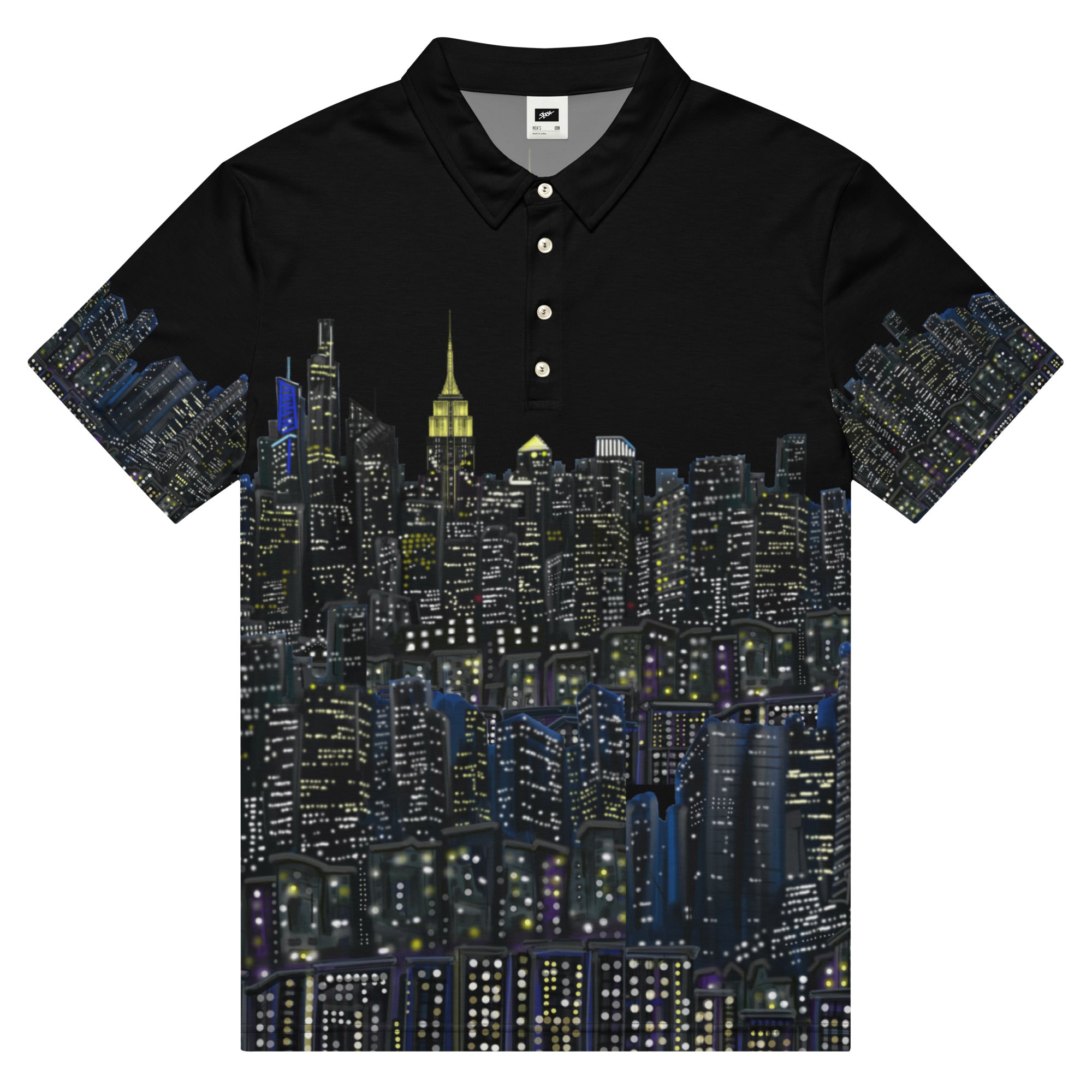 Black polo shirt with New York cityscape design by Loria NYC Art on a white background