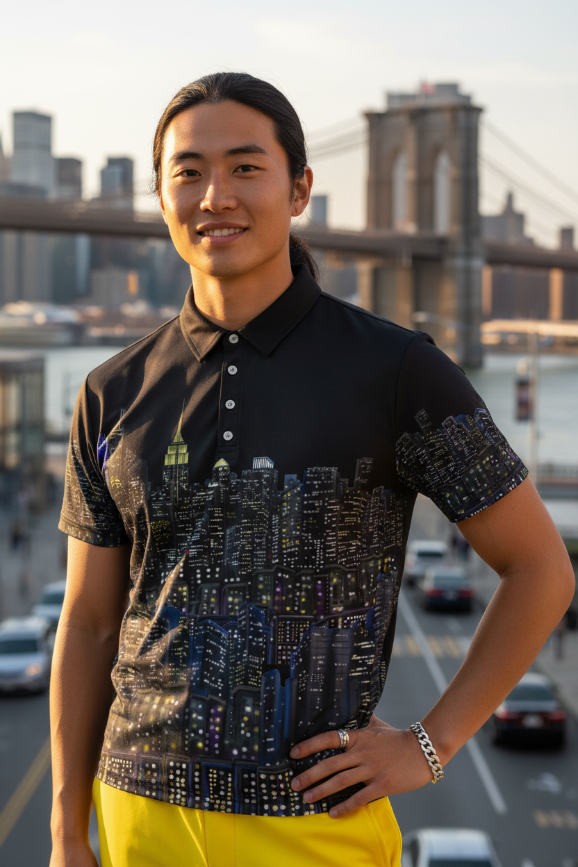 Man wearing a black polo shirt with cityscape Loria NYC Art design and yellow pants standing in front of a bridge and city skyline.