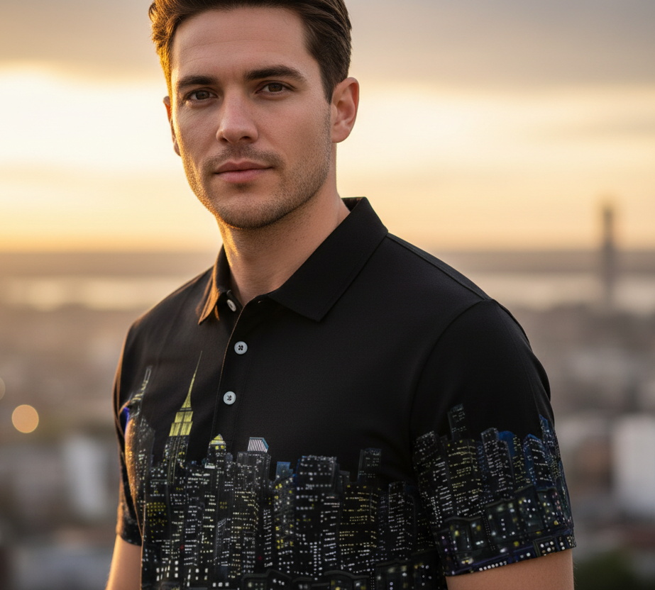 Man wearing a black polo Loria NYC Art shirt with cityscape design against a blurred cityscape background