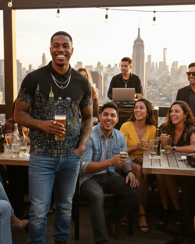 Man wearing Loria NYC Art black polo shirt with people enjoying drinks on a rooftop with a city skyline in the background
