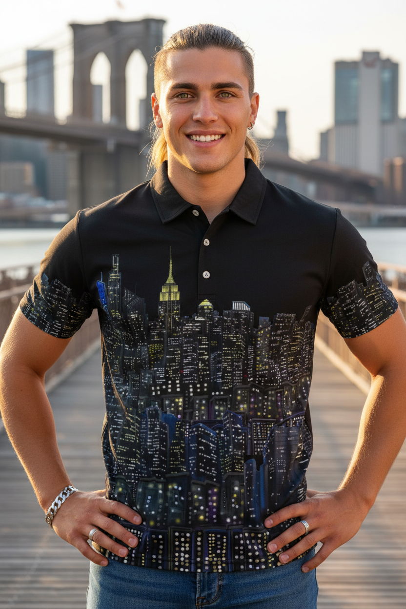 Man wearing a black polo shirt with cityscape Loria NYC Art design in an urban setting