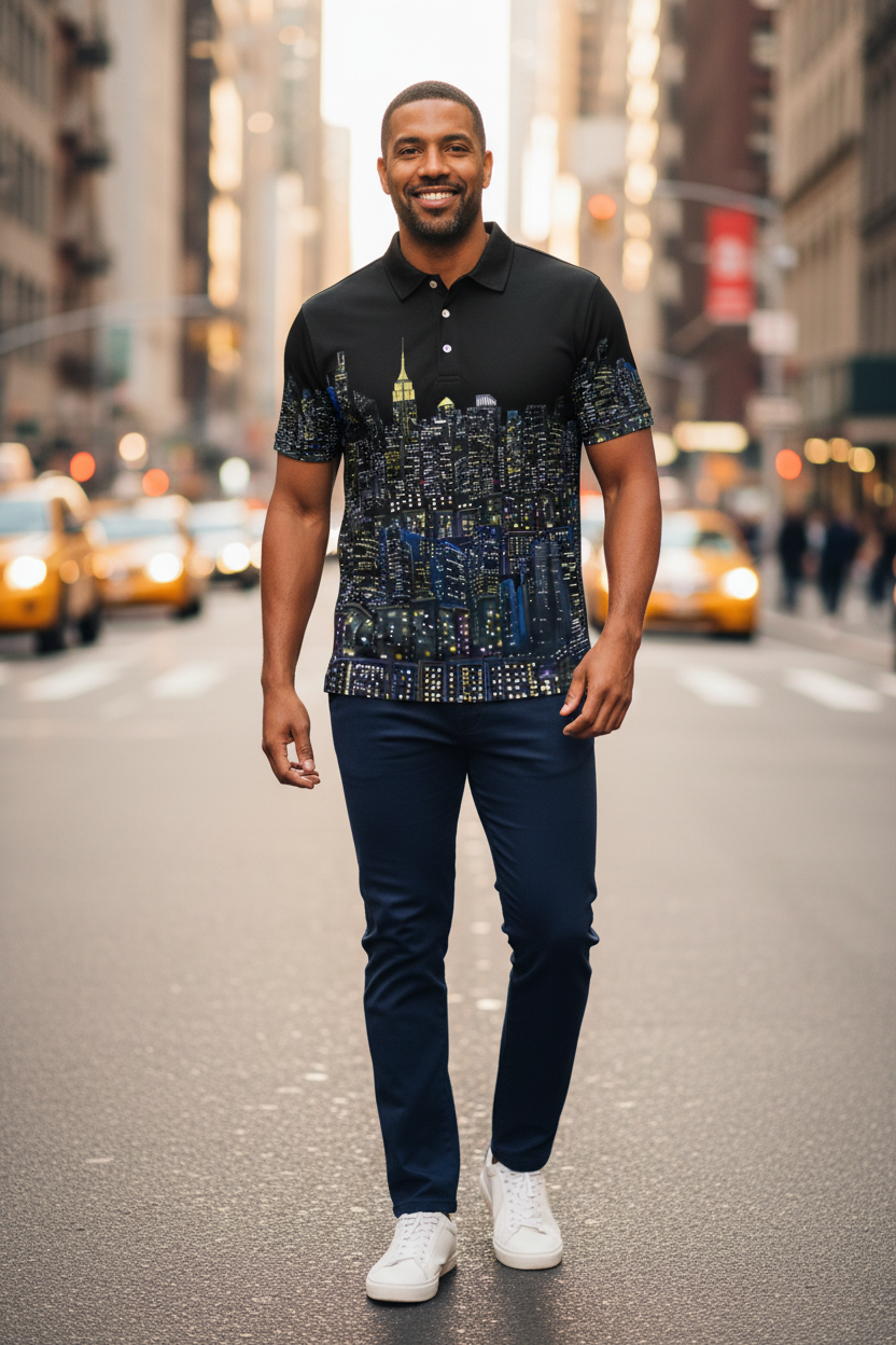 Man walking in a street wearing a black shirt with cityscape Loria NYC Art design.