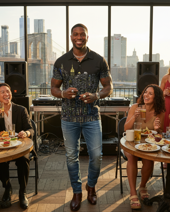 Man wearing Loria NYC Art black polo shirt with people enjoying a meal on a rooftop with a city skyline in the background