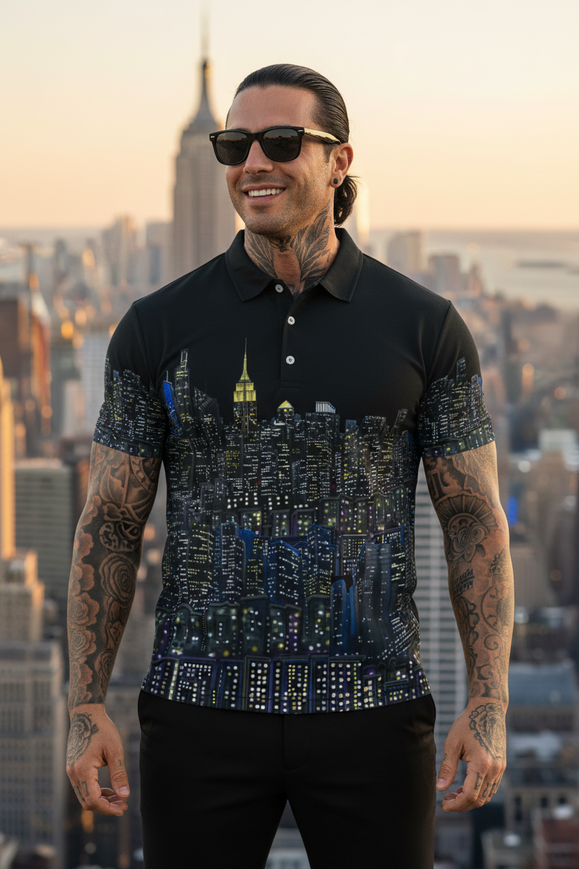Man wearing a black polo shirt with cityscape Loria NYC Art design against a city skyline