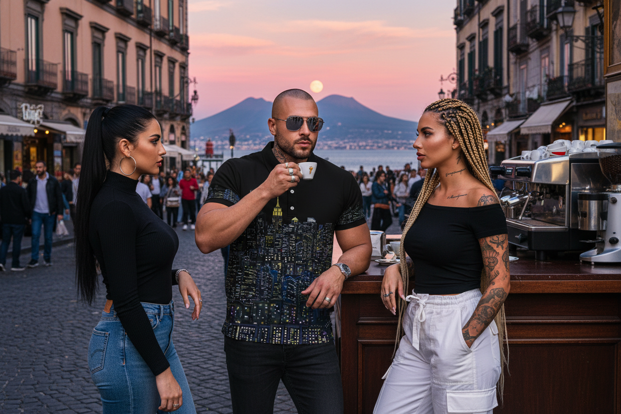 Man wearing Loria NYC Art black polo shirt standing wit two girls on a street with a mountain and sunset in the background