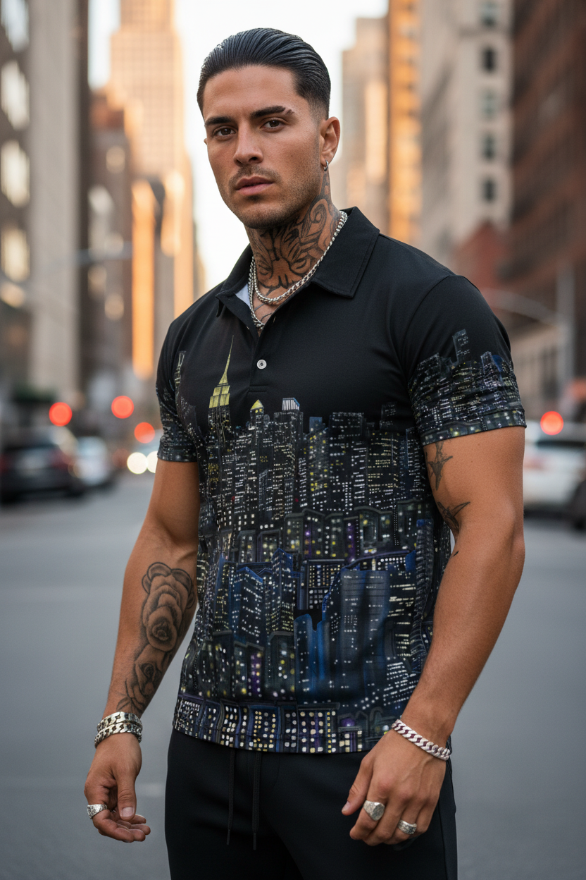 Man wearing a black Loria NYC Art shirt with cityscape design on a city street