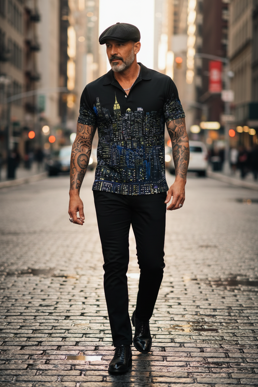 Man on a street wearing a black shirt with cityscape Loria NYC Art design