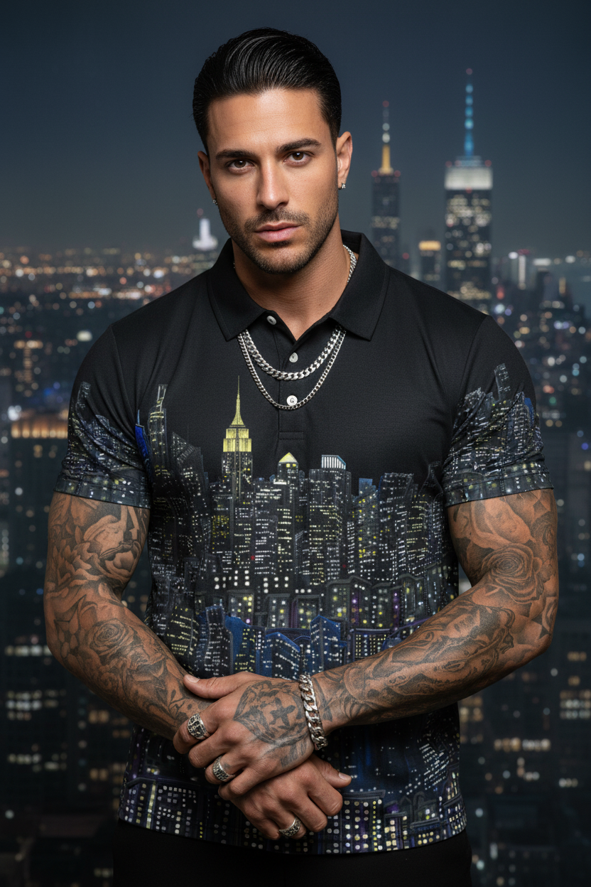 Man wearing a black shirt with cityscape Loria NYC Art design against a night skyline