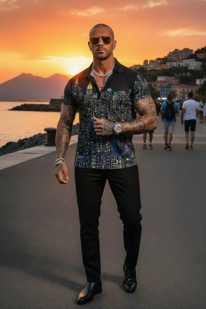 Man standing in a sunset wearing a black Loria NYC Art polo shirt.