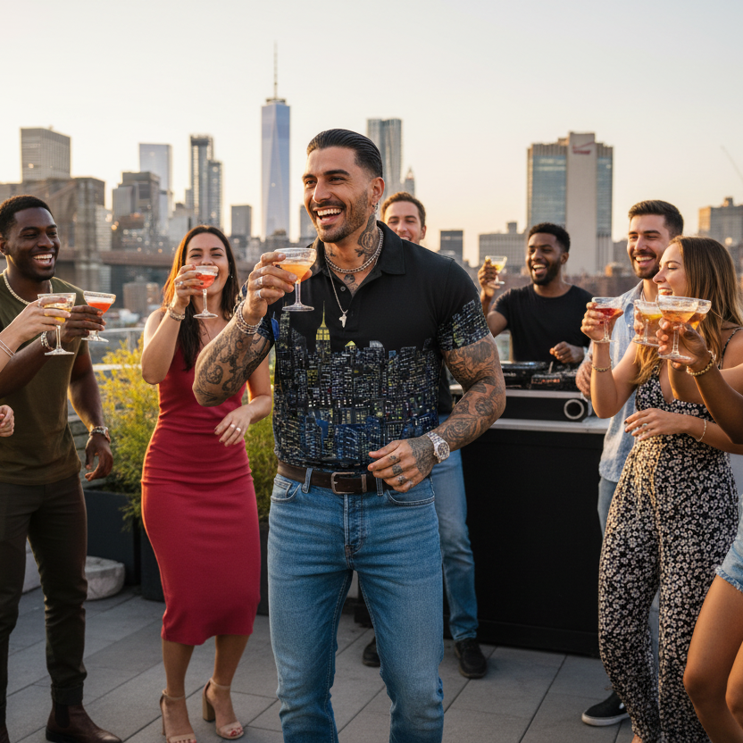 Man wearing Loria NYC Art black polo shirt with people enjoying drinks on a rooftop with city skyline in the background