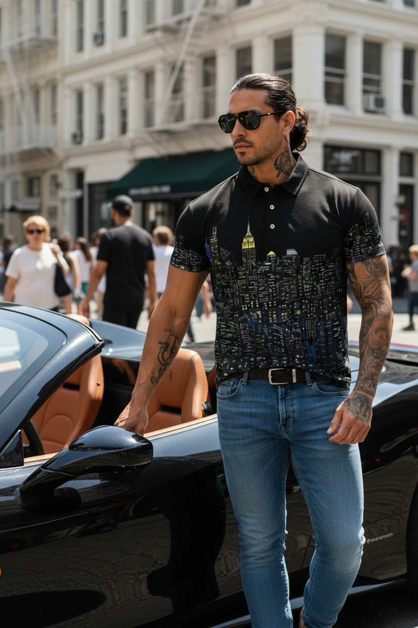 Man in a Loria NYC Art black shirt with cityscape Loria design standing next to a car on a city street.