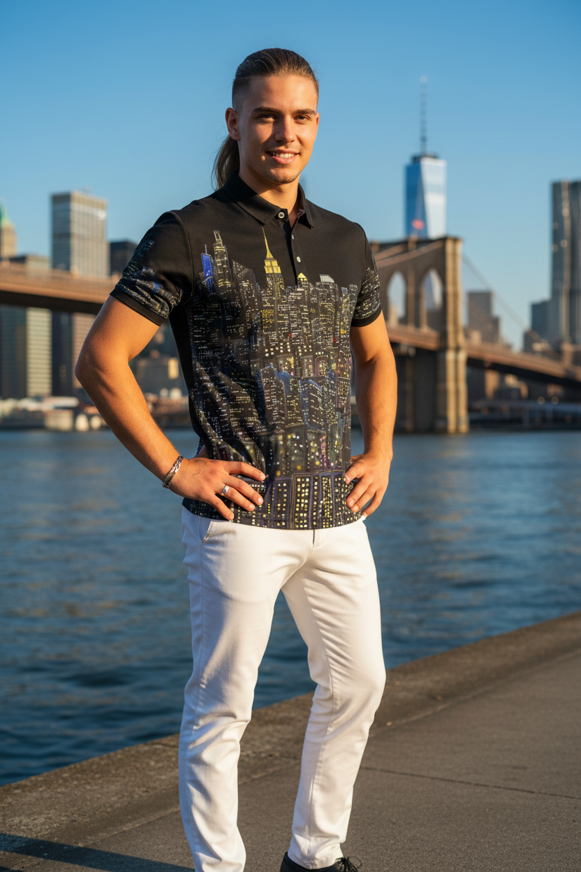 Man wearing a black Loria NYC Art polo shirt and white pants standing by a waterfront with a bridge and city skyline in the background.