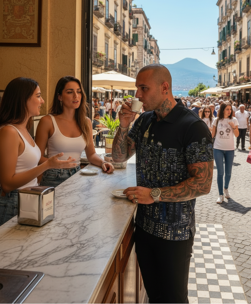 Man wearing a Black NYC Art polo shirt People at an outdoor café with a scenic view.