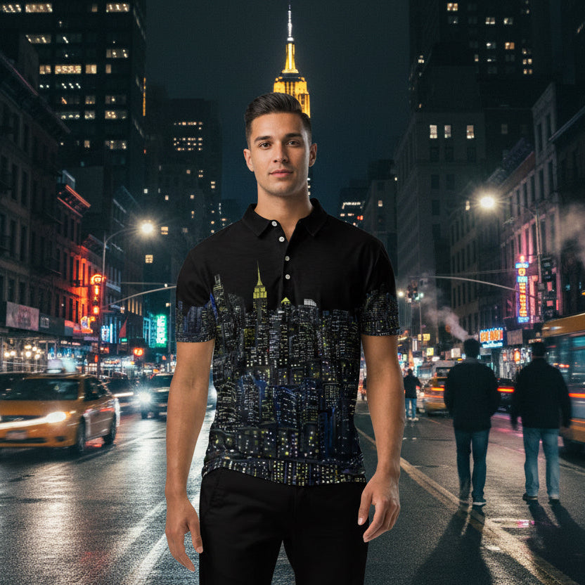 Man modeling a Black polo shirt with New York cityscape design by Loria NYC Art on an urban background 