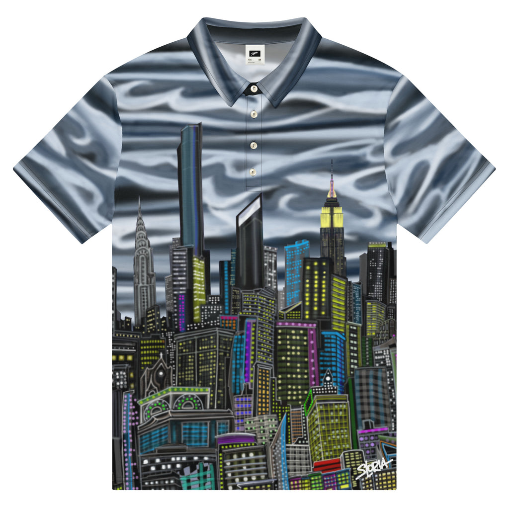 Polo shirt with Loria NYC Art cityscape design on a white background