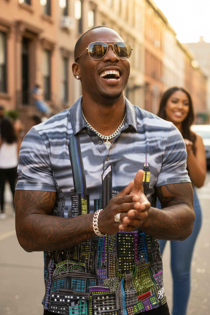 Man wearing sunglasses and a colorful Loria NYC Art shirt on a city street
