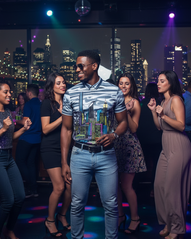 People dancing in a club with a cityscape in the background