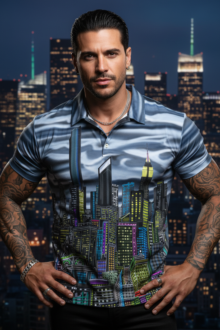 Man wearing a Loria NYC Art shirt with a cityscape design against a night skyline