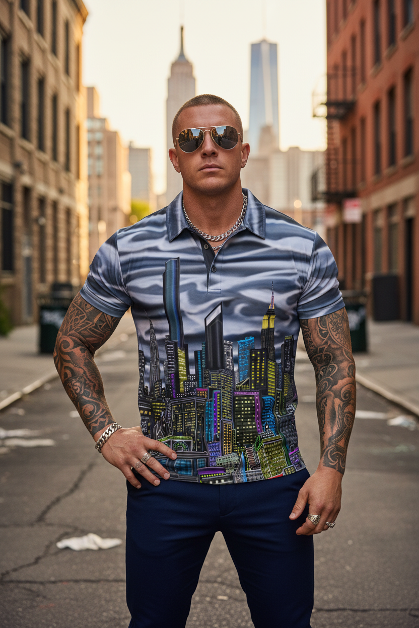 Man wearing a cityscape Loria NYC Art shirt on a city street