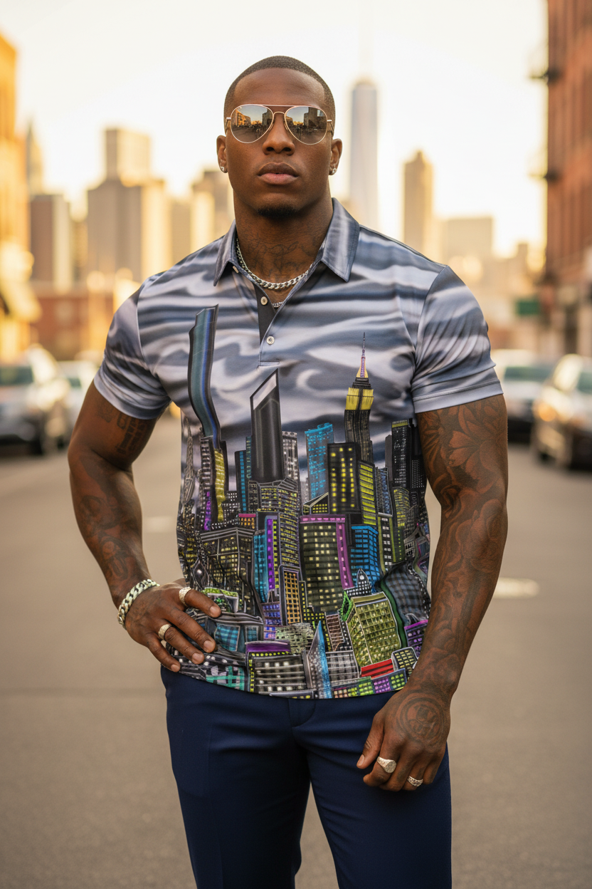 Man wearing a Loria NYC Art shirt with cityscape design and sunglasses in an urban setting