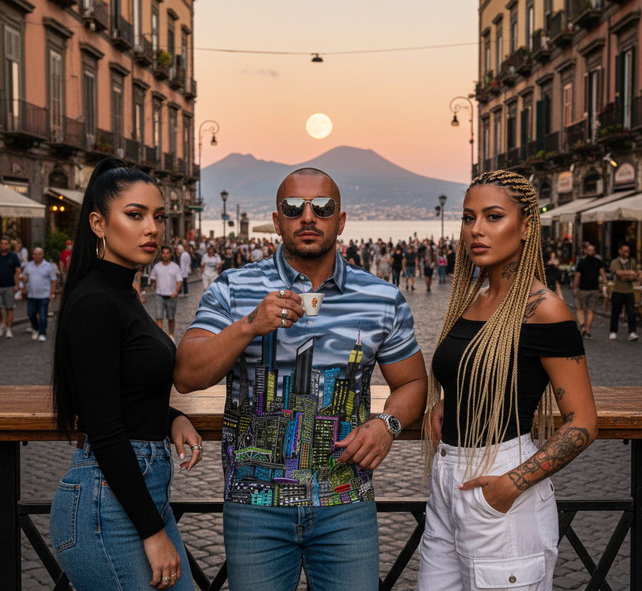 Man wearing a Loria NYC Art polo shirt with two girls standing on a street with a sunset and mountains in the background
