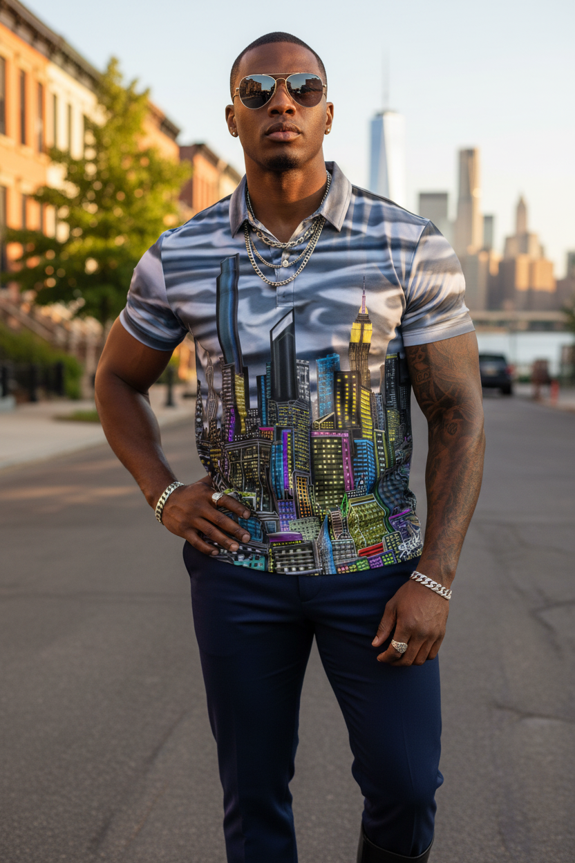 Man wearing a Loria NYC Art shirt with cityscape design outdoors