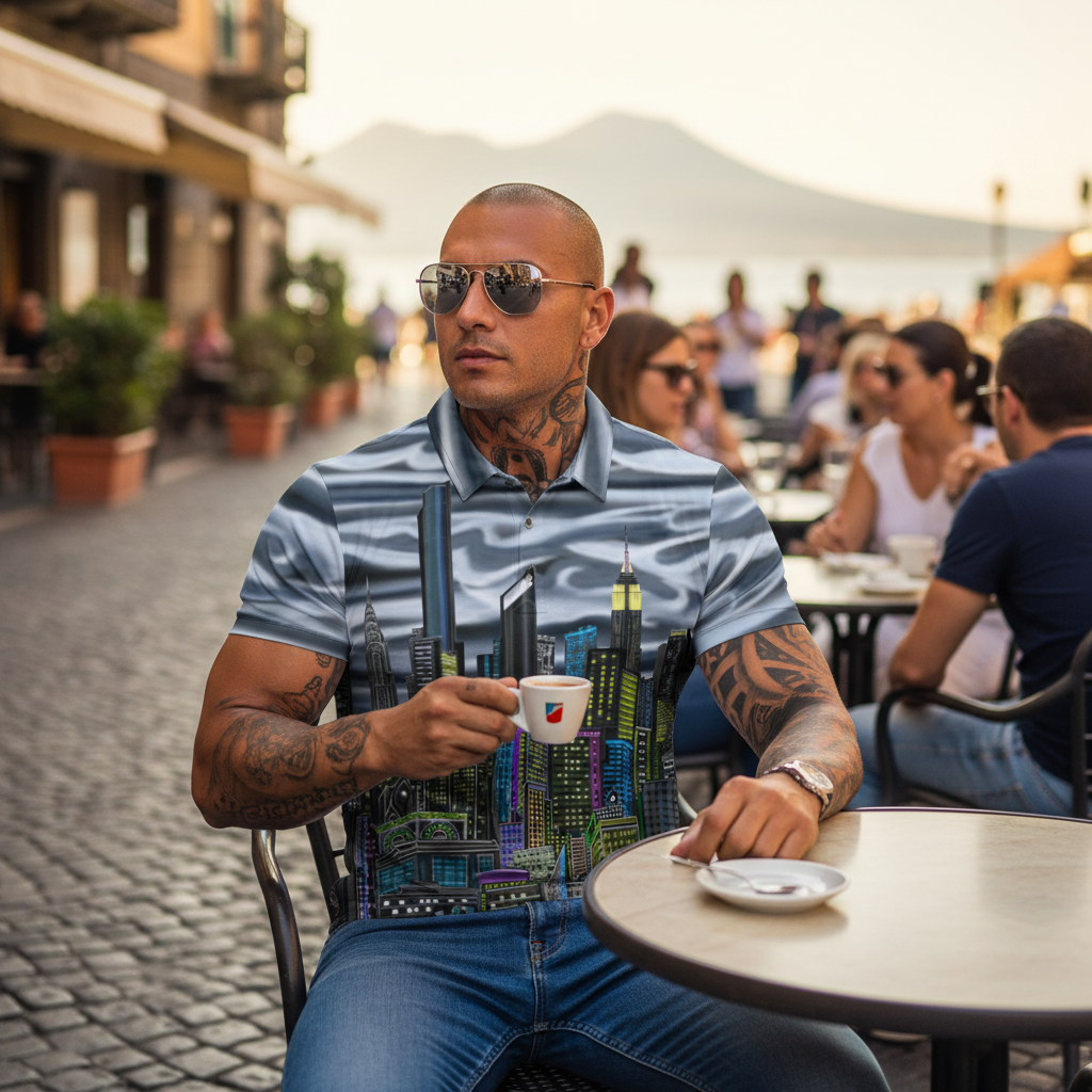 Man sitting at an outdoor cafe holding a coffee cup, wearing a Loria NYC Art shirt.