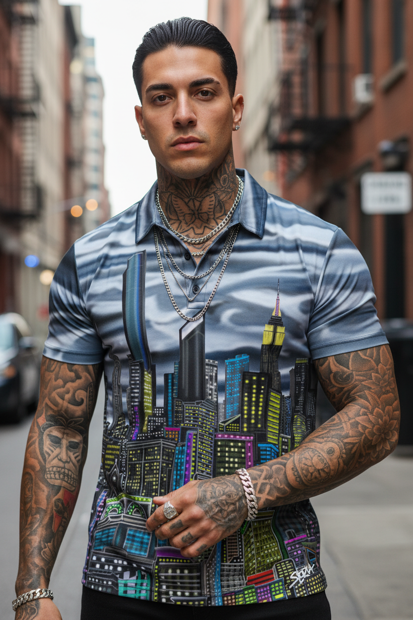 Man wearing a colorful Loria NYC Art cityscape shirt with tattoos on a city street