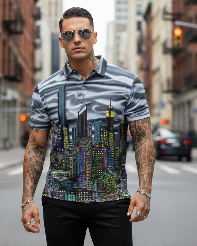 Man wearing a patterned shirt with cityscape Loria NYC Art design on a white background