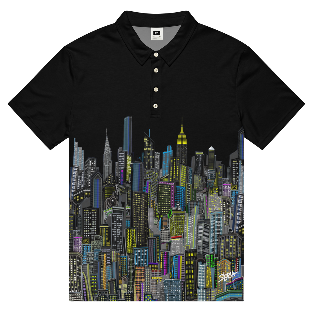 Black polo shirt with Loria NYC Art cityscape design on a white background