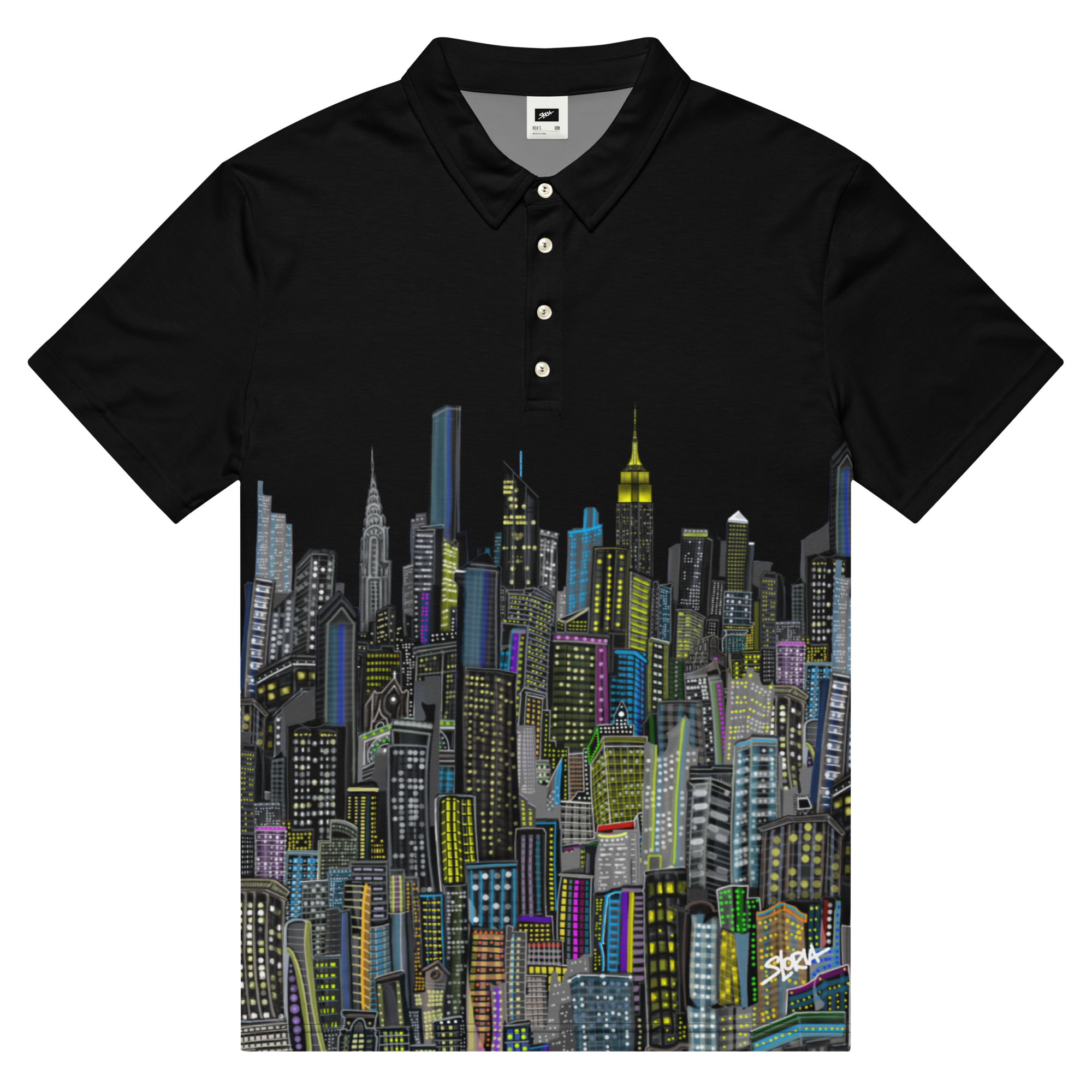 Black polo shirt with Loria NYC Art cityscape design on a white background