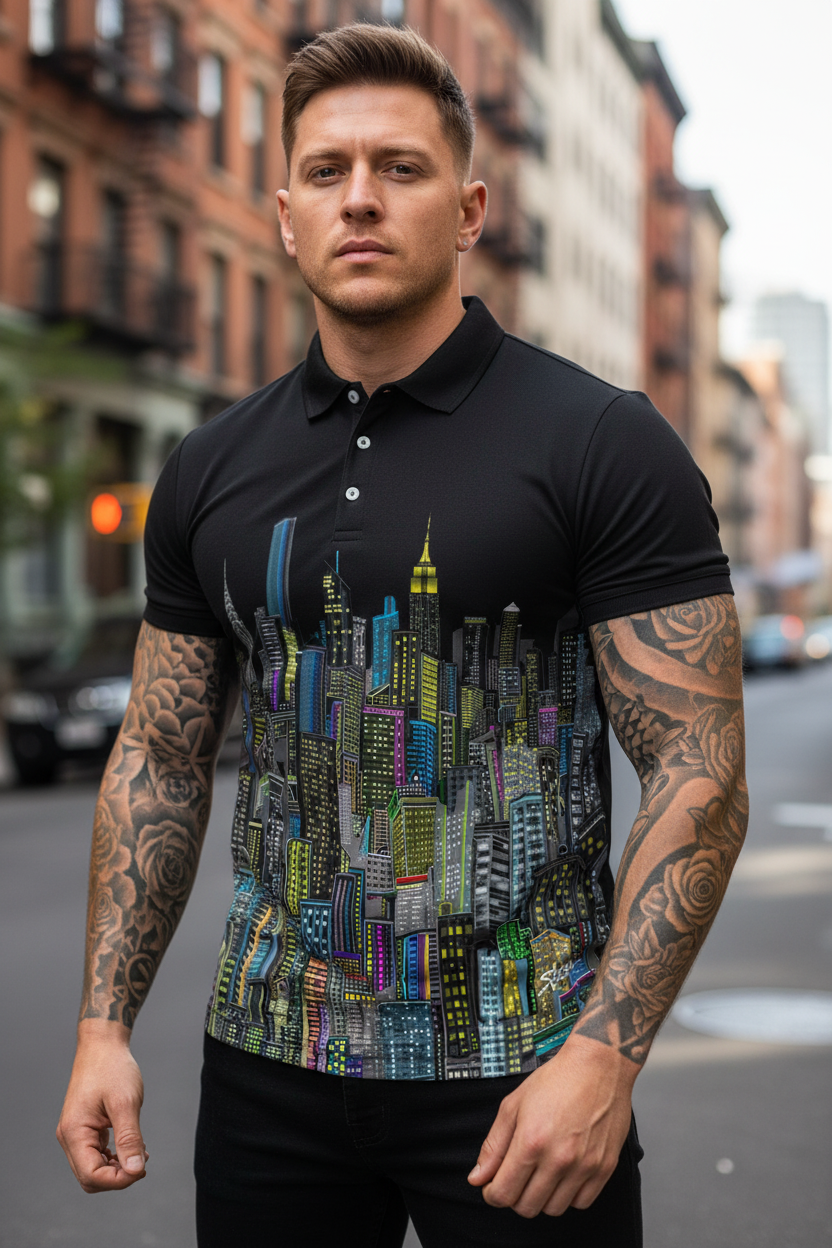 Man wearing a black polo shirt with a colorful Loria NYC Art cityscape design on a city street.