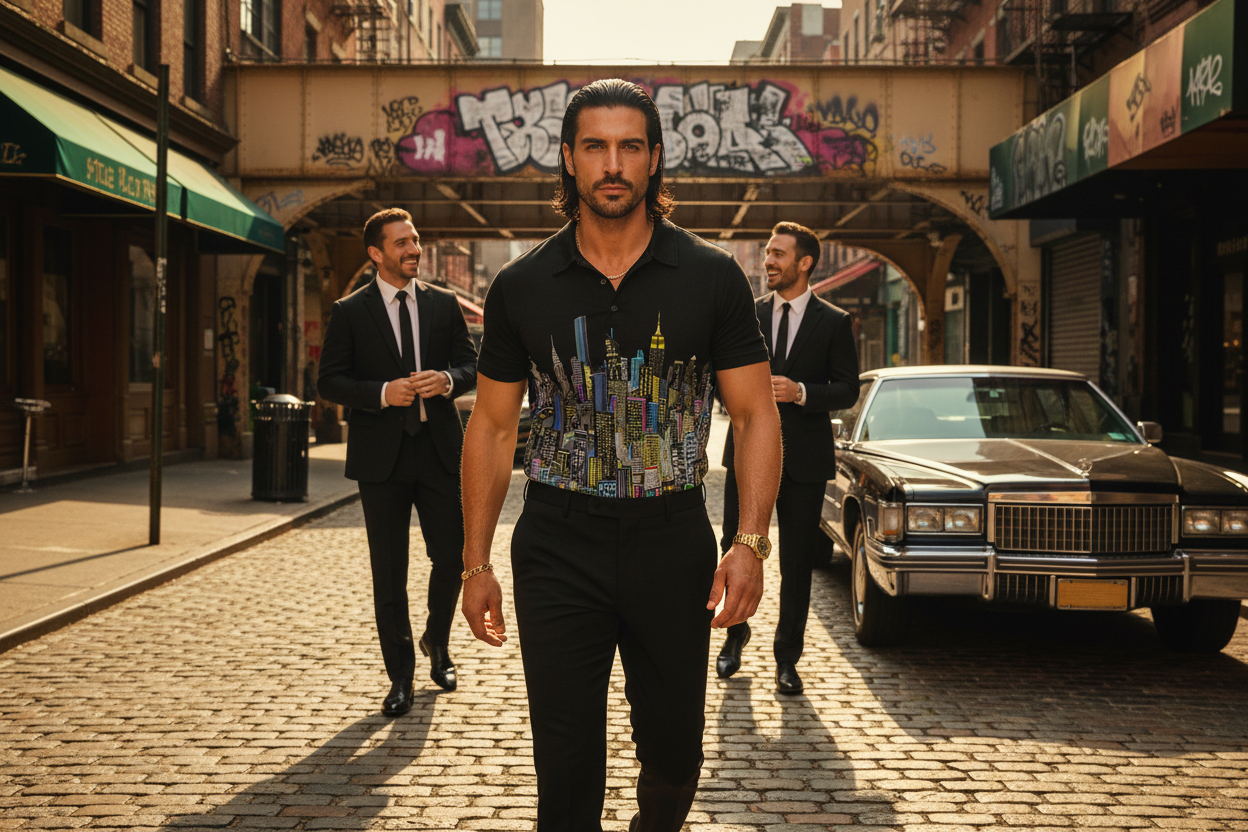 Man in a black Loria NYC Art shirt with a colorful graphic design walking on a street with two men in suits and a vintage car in the background.