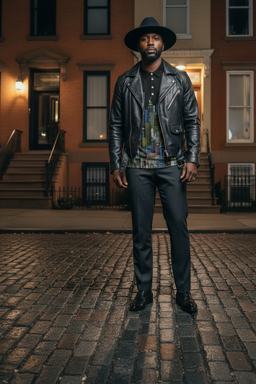 Man wearing a Loria NYC Art polo shirt standing in city street at night.