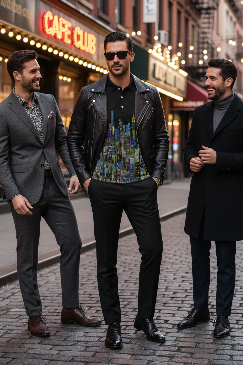 Man wearing a black Loria NYC Art cityscape polo shirt standing on a street with two others at  a cafe in the background