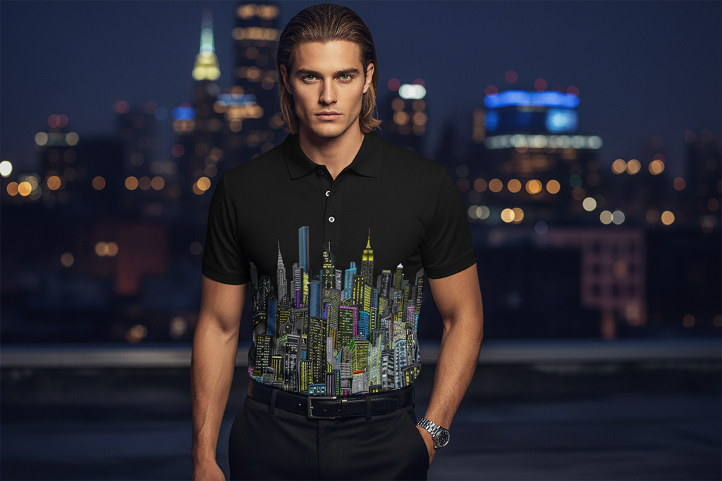Man wearing a black polo shirt with a cityscape Loria NYC Art design against a night cityscape background