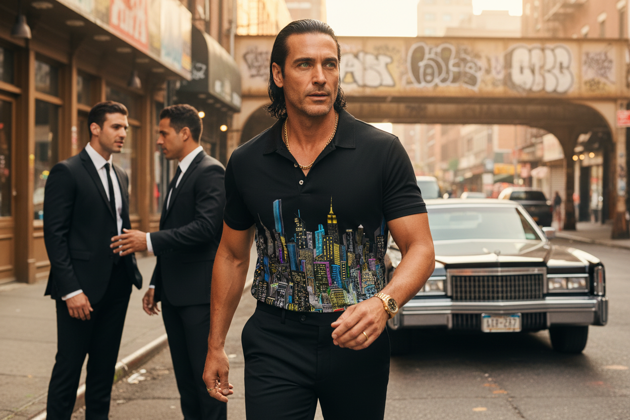Man in a black shirt with a colorful  Loria NYC Art design walking on a city street with two men in suits behind him.