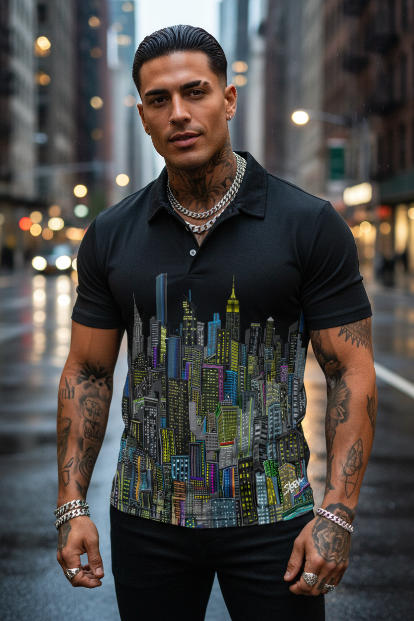 Man wearing a black shirt with a Loria NYC Art cityscape design on a city street.
